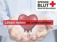 Plakat mit einem Blutbeutel in Herzform und der Aufschrift "Leben retten ist unbezahlbar"